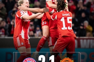 女足欧冠：拜仁2-1战胜曼联，两回合总比分5-3晋级半决赛