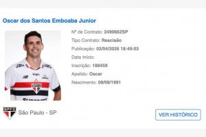 放弃5000万薪酬！巴西足协注册系统：34岁奥斯卡与圣保罗已解约！