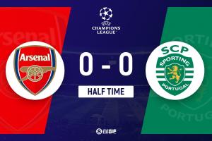 半场-阿森纳暂0-0葡萄牙体育 双方半场仅1射正 卡塔莫中柱